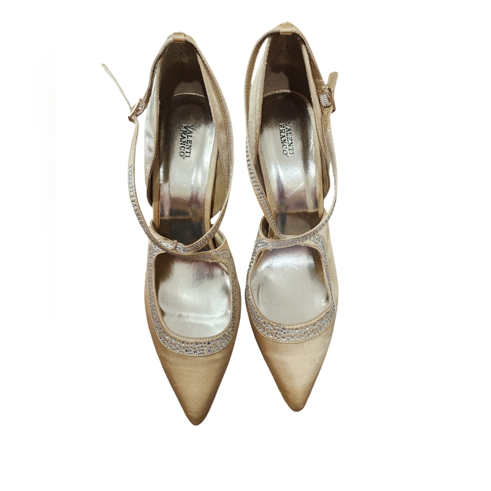 Valenti Franco Gold Satin Heels with Rhinestone Trim